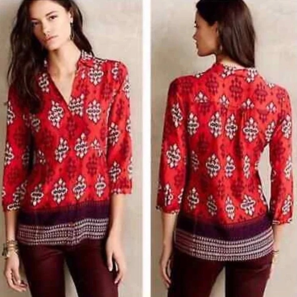 Maeve Anthropologie Woodland Walk Red Geometric Print Blouse Womens Size 6
